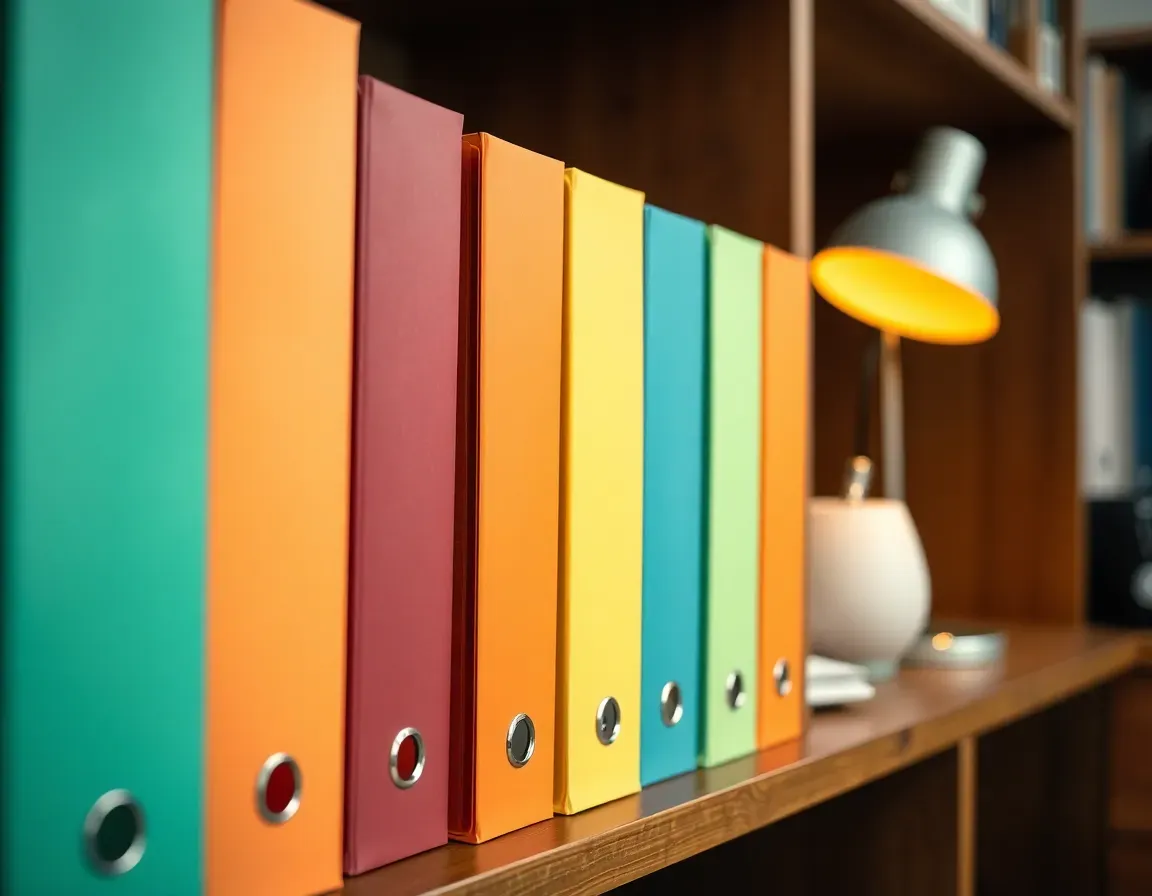 Row of plain coloured document folders and binders on a wooden shelf beside a glowing desk lamp, one folder per year in an IRS streamlined filing service UK