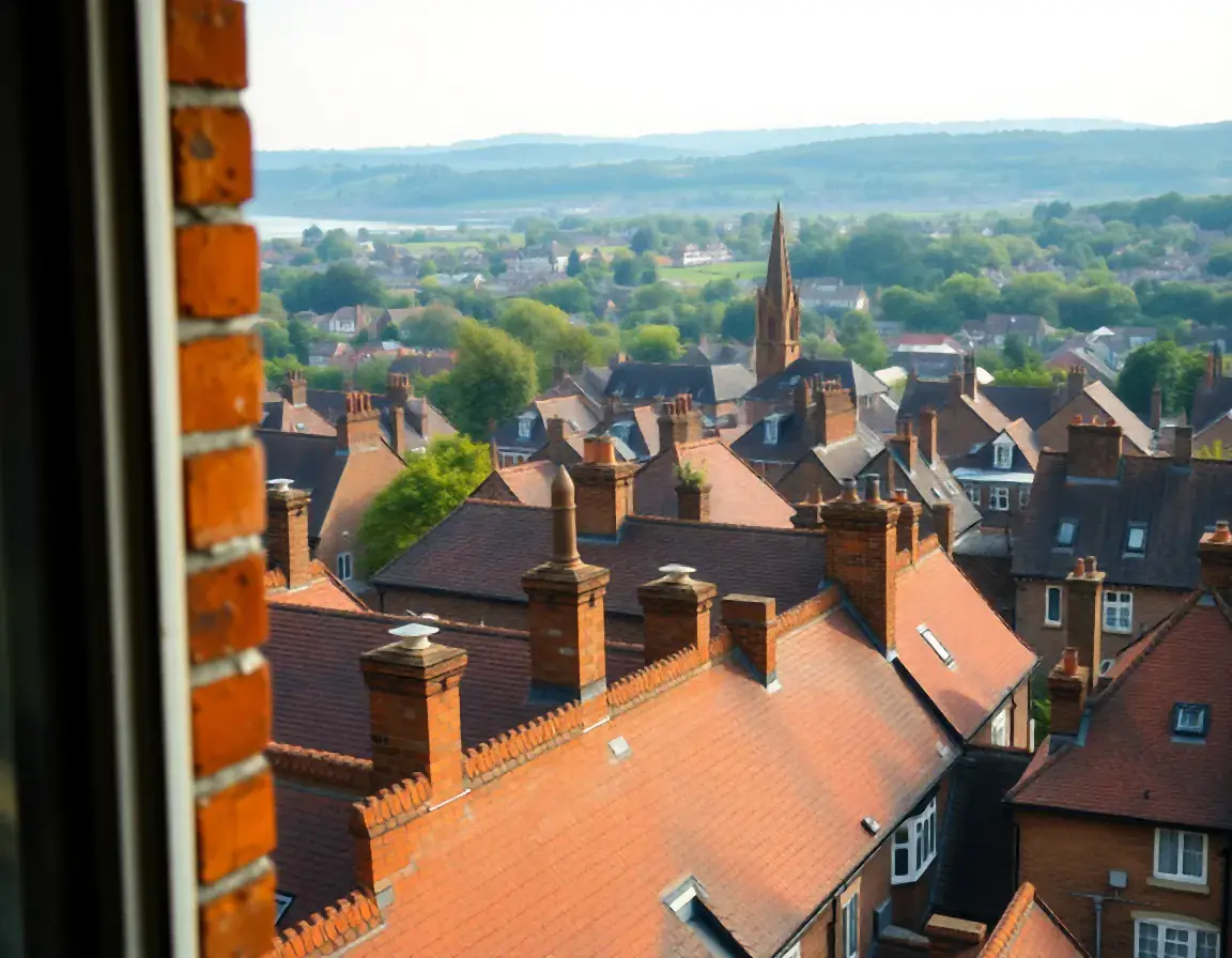 View from a window over red brick rooftops, chimney pots and a church spire in an English market town, the setting for everyday ISA US tax reporting