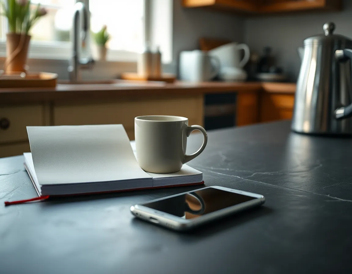 Closed notebook, a mug of coffee and a phone lying face down on a slate kitchen worktop in a British kitchen, the quiet start of sorting out missed FBAR filings