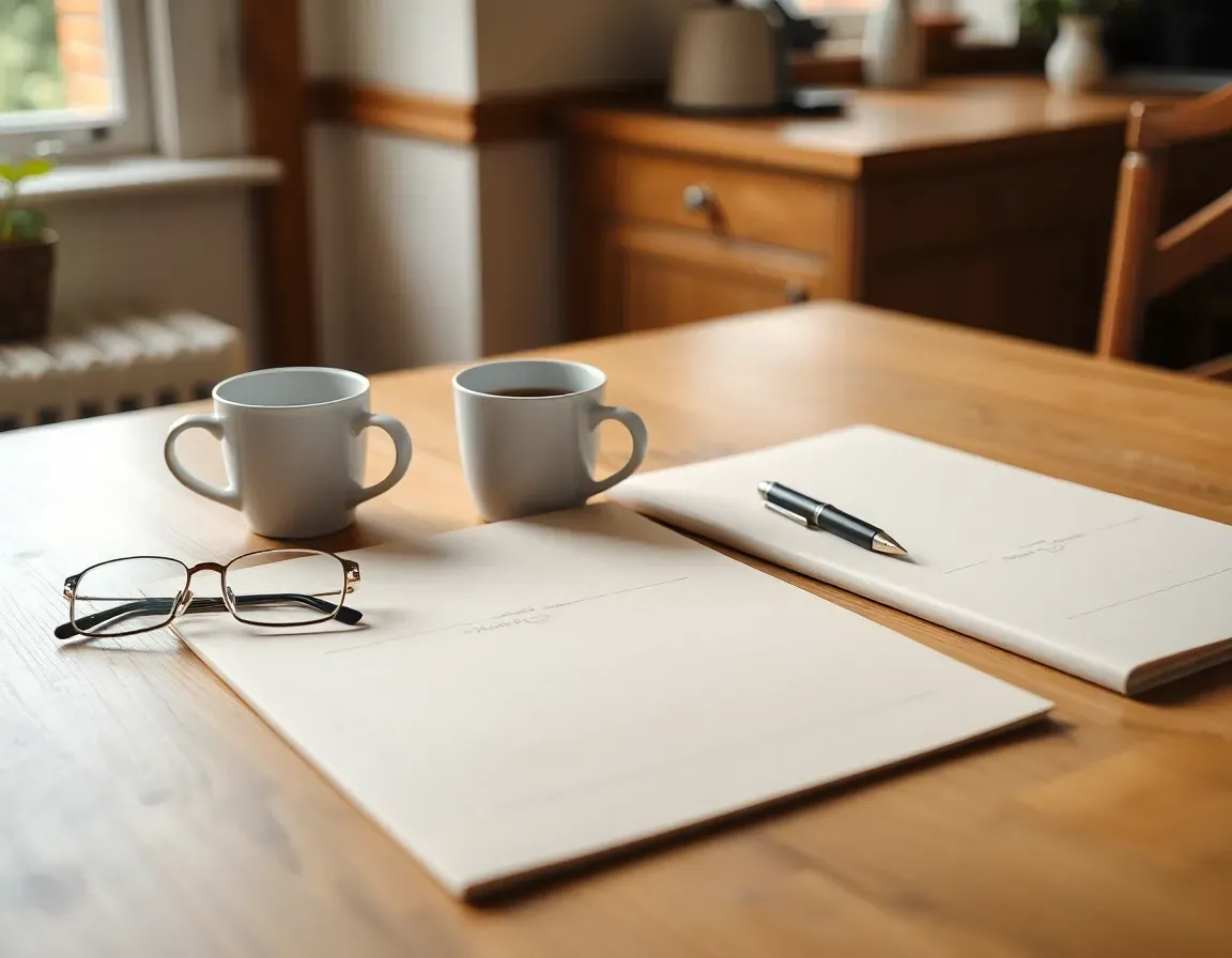 Two coffee cups, reading glasses, a pen and two plain cardboard folders on a wooden kitchen table, the papers gathered for a non-US spouse US tax return