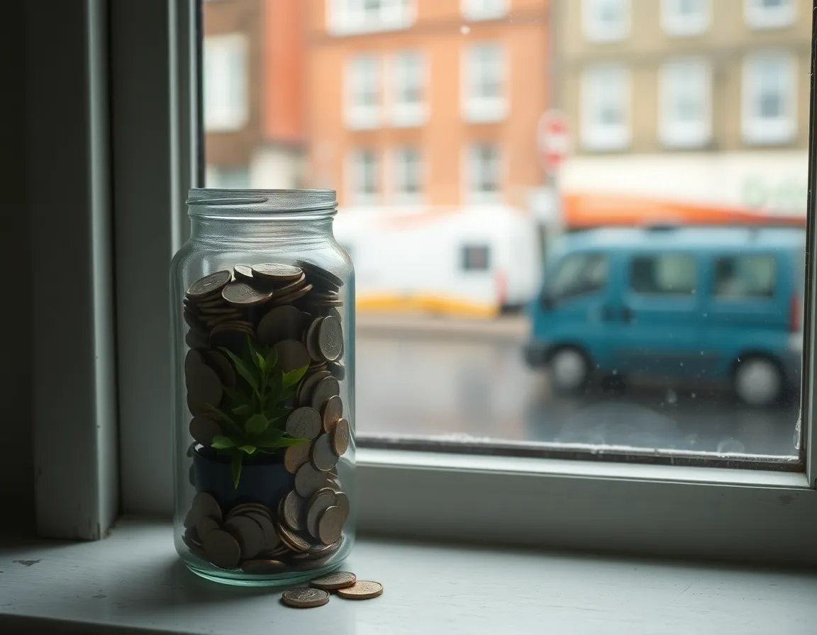 A glass jar of coins with a small green plant on a painted windowsill above a rainy British street, a picture of slowly growing savings that the PFIC UK funds rules can tax heavily