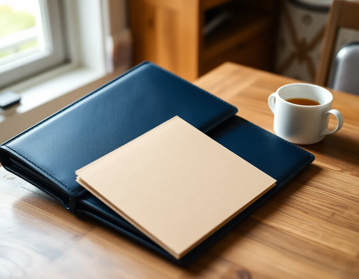 Plain navy document wallet and blank manila folder beside a cup of tea on a wooden kitchen table, the papers people gather before they renounce US citizenship UK side