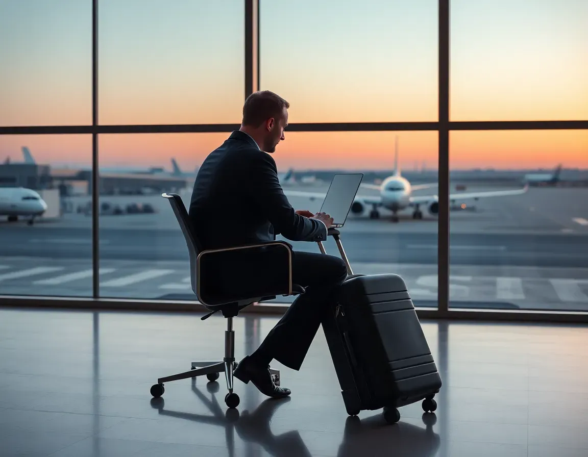 A businessman in a dark suit working on a laptop by an airport lounge window at sunset with a suitcase beside him and a jet outside, moving countries mid-vest under RSU tax US and UK rules