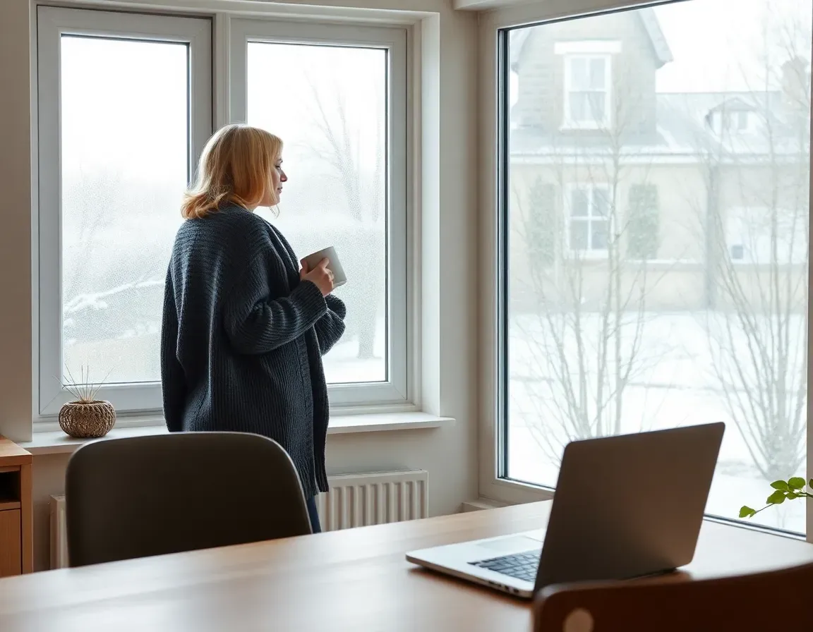 Woman in a dark cardigan holding a mug by a frosted window overlooking a bare winter garden, a closed laptop on the desk, waiting on a late K-1 as a Schedule K-1 UK resident partner