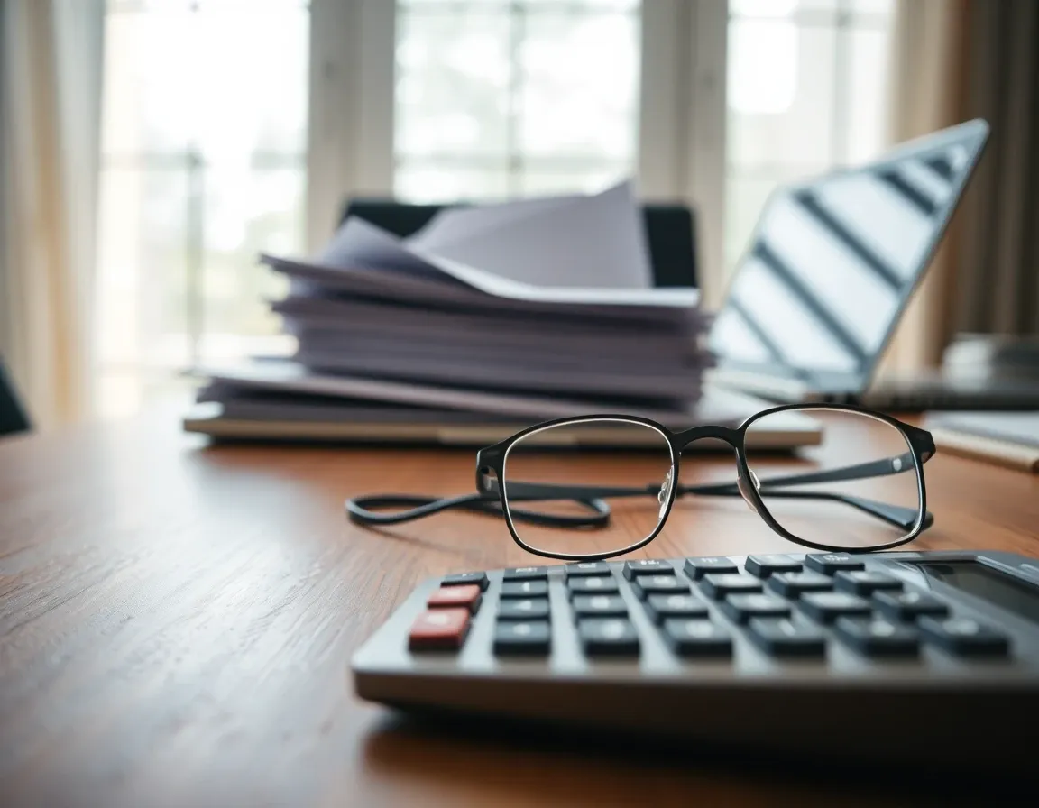 A calculator, reading glasses and a pile of payslips gathered for Self Assessment for Americans in the UK