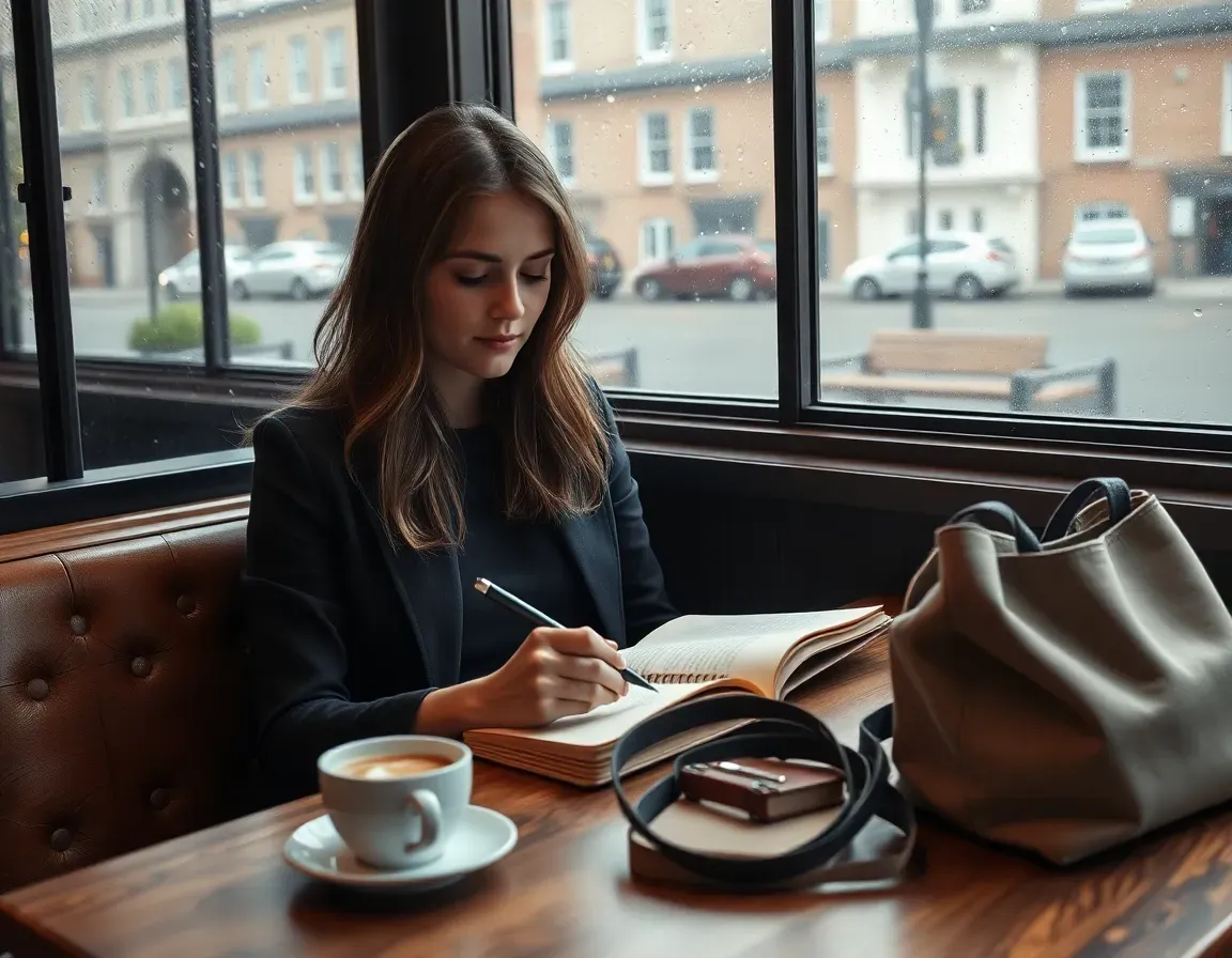 Woman in a dark blazer writing in a notebook at a café table by a rainy window with a coffee and bag, a self-employed American in UK planning her records