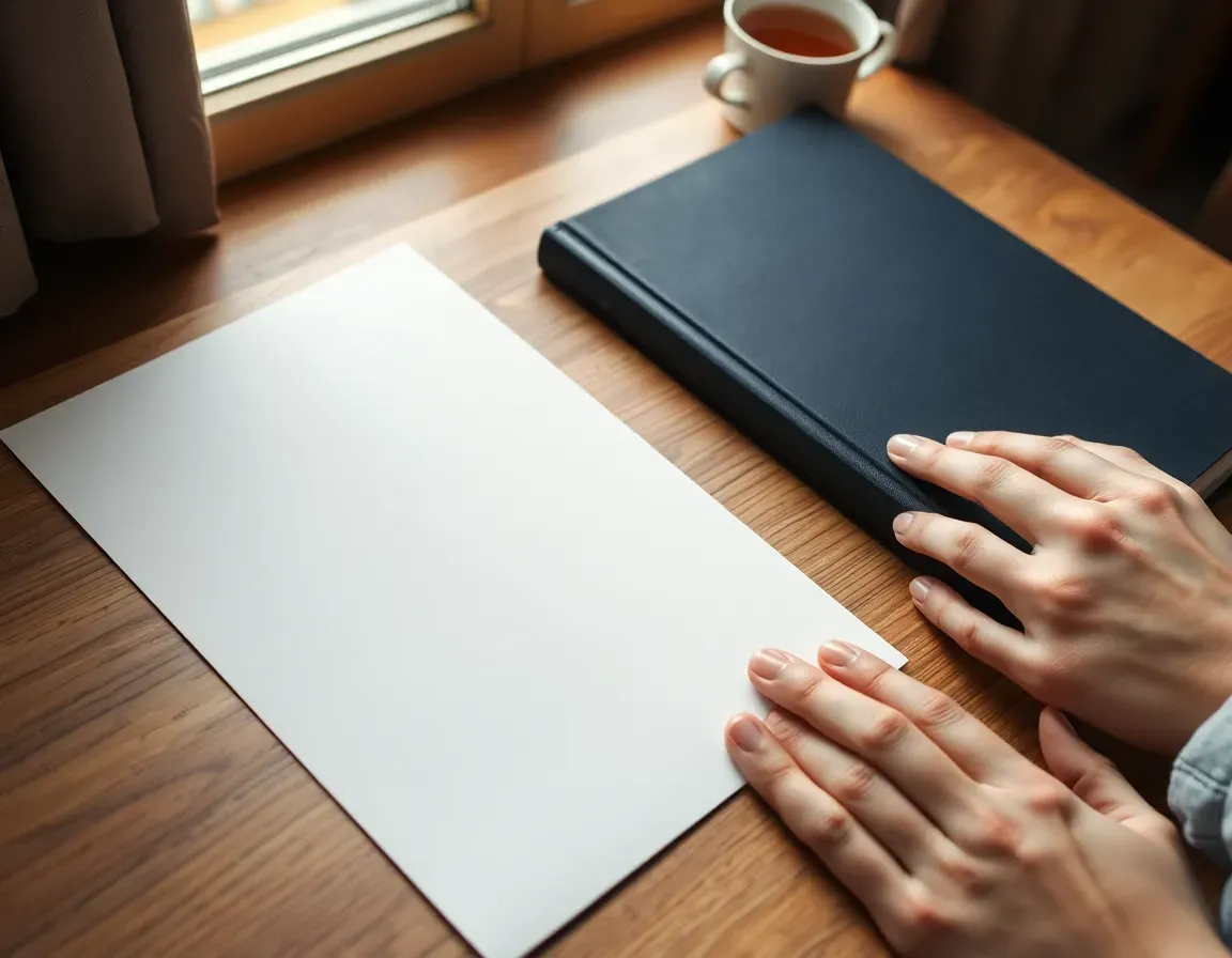 Hands resting beside a blank white sheet and a dark blue booklet on a wooden desk with a cup of tea, preparing an application for a Social Security number from the UK