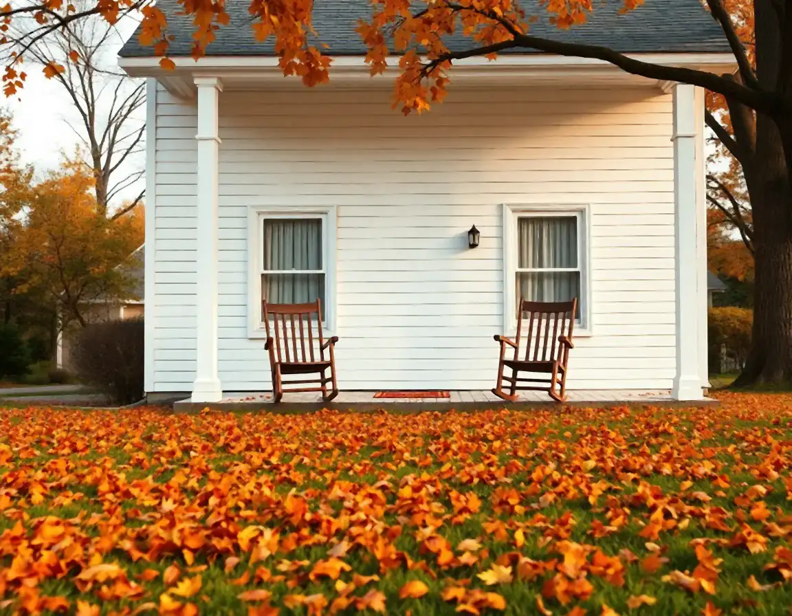 White clapboard house with two wooden rocking chairs on the porch and a lawn of orange autumn leaves, a home left behind and state tax after moving to UK