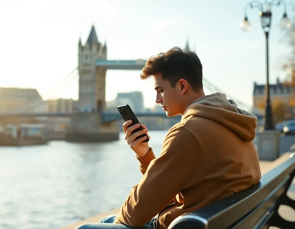 Young man in a tan hoodie on a bench by the Thames checking his phone with Tower Bridge behind him, weighing an option exercise under stock options US and UK tax rules