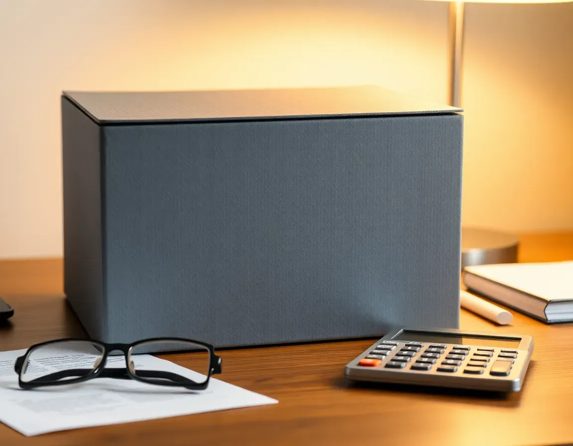 A closed grey records box beside a calculator, reading glasses and a sheet of paper on a lamp-lit desk, ready for working out the penalty under the Streamlined Domestic Offshore Procedures
