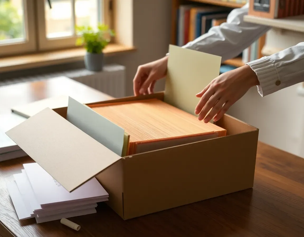 Hands sliding plain cream folders into an open cardboard archive box on a study desk by a sash window, gathering six years of records for streamlined filing compliance procedures