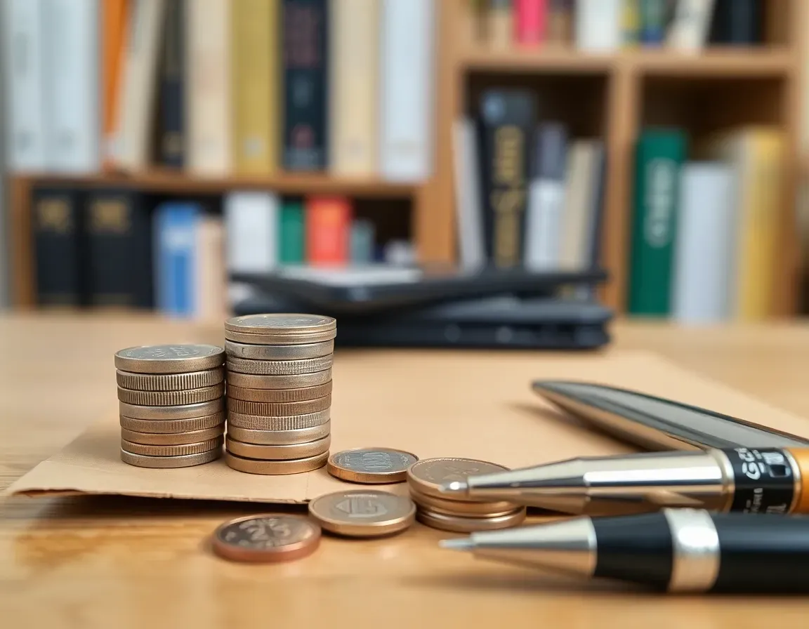 Small stacks of pound and dollar coins beside a plain brown envelope and two pens on an oak desk, showing the tax and interest that make up the streamlined filing cost