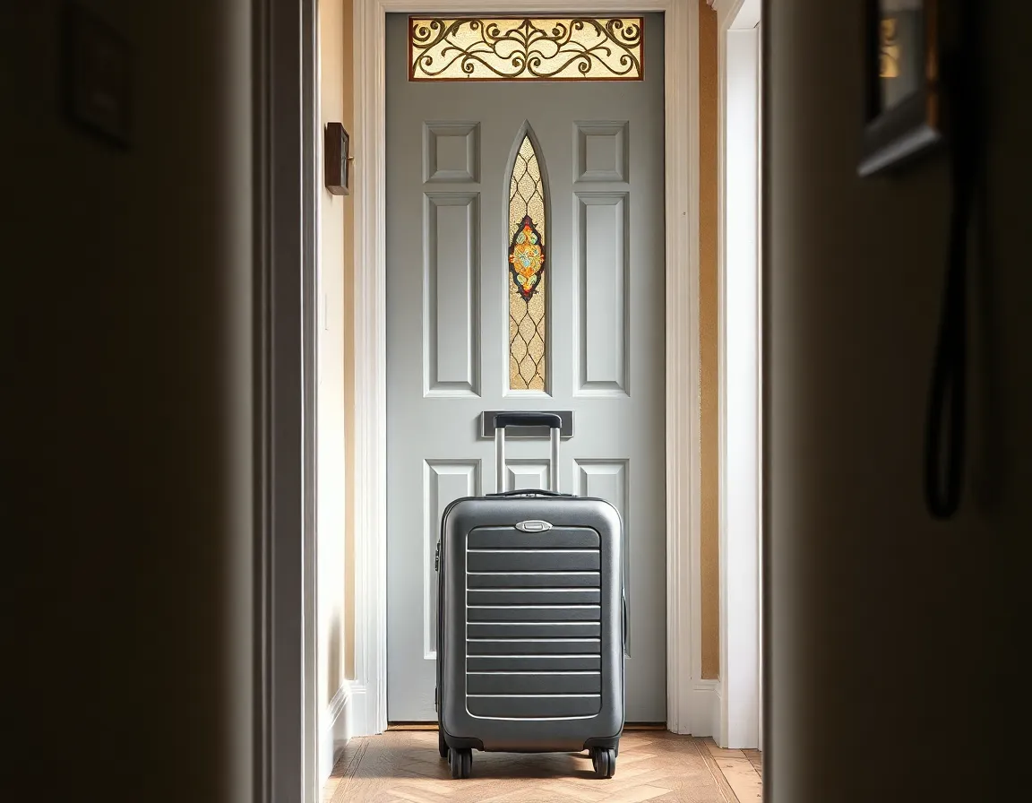 A grey suitcase standing by the stained-glass front door of a narrow Victorian hallway, the kind of British home that counts towards the 330-day test in the Streamlined Foreign Offshore Procedures
