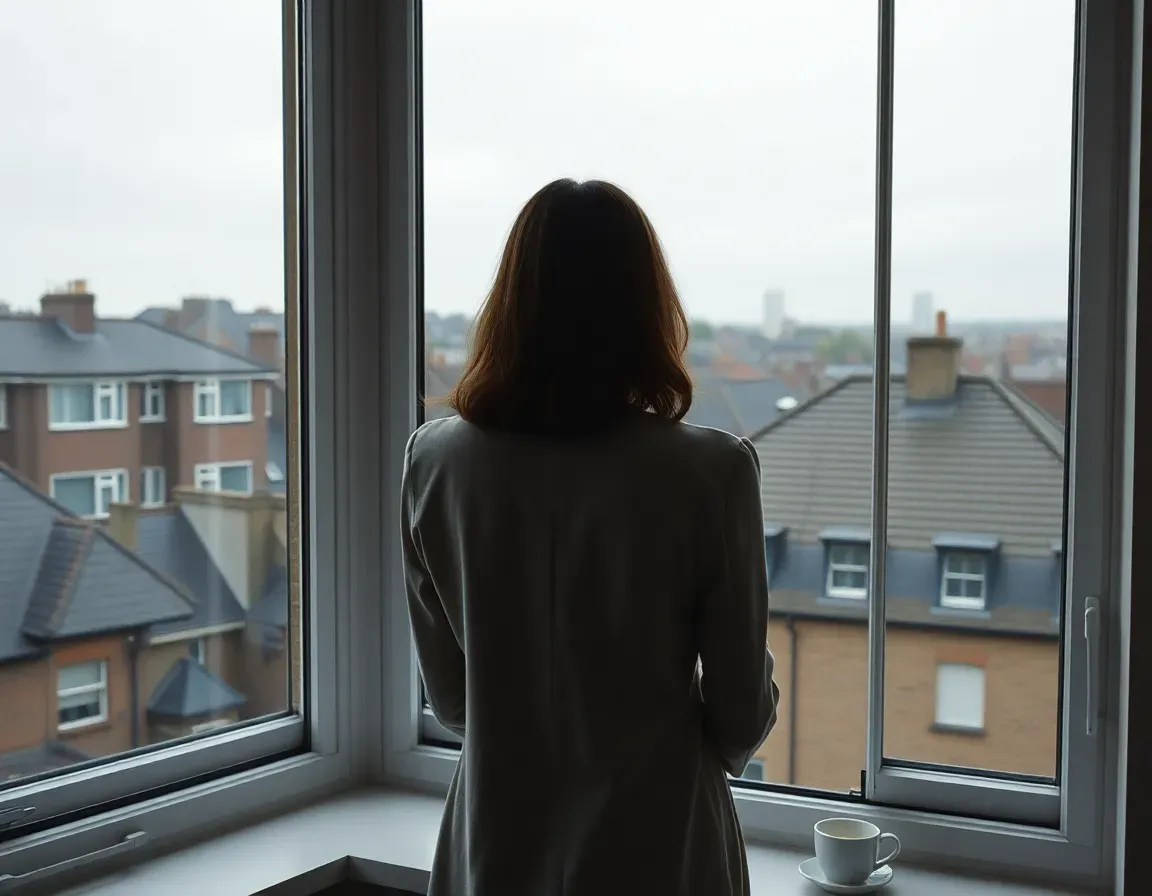 A woman seen from behind at a tall window looking over wet London rooftops with a cup of tea on the sill, weighing up the Streamlined Foreign vs Domestic Offshore routes after a move