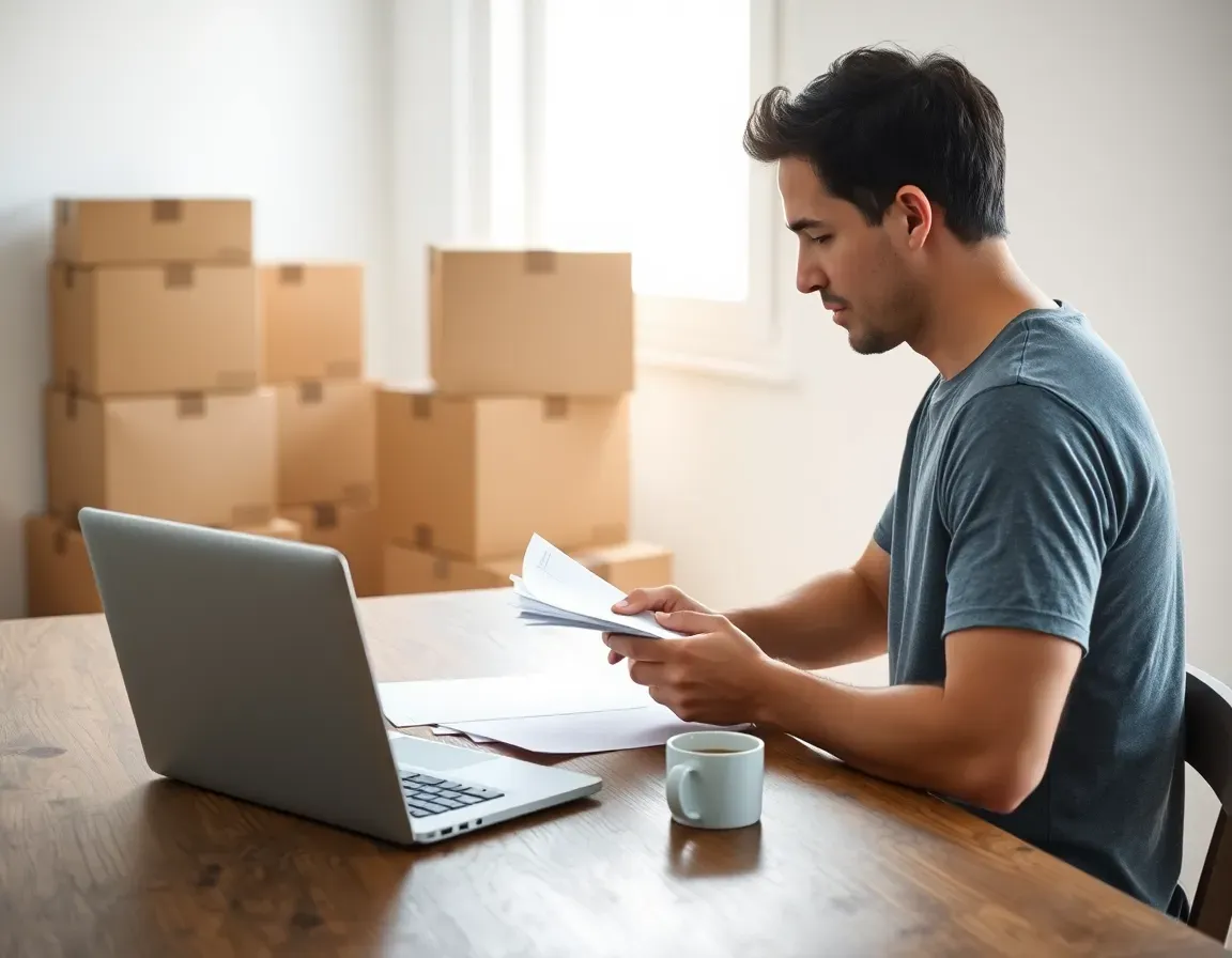 A man in a grey t-shirt reading papers at a wooden table beside a silver laptop and coffee mug, moving boxes stacked behind him, checking old UK statements before using streamlined procedures after moving back to the US