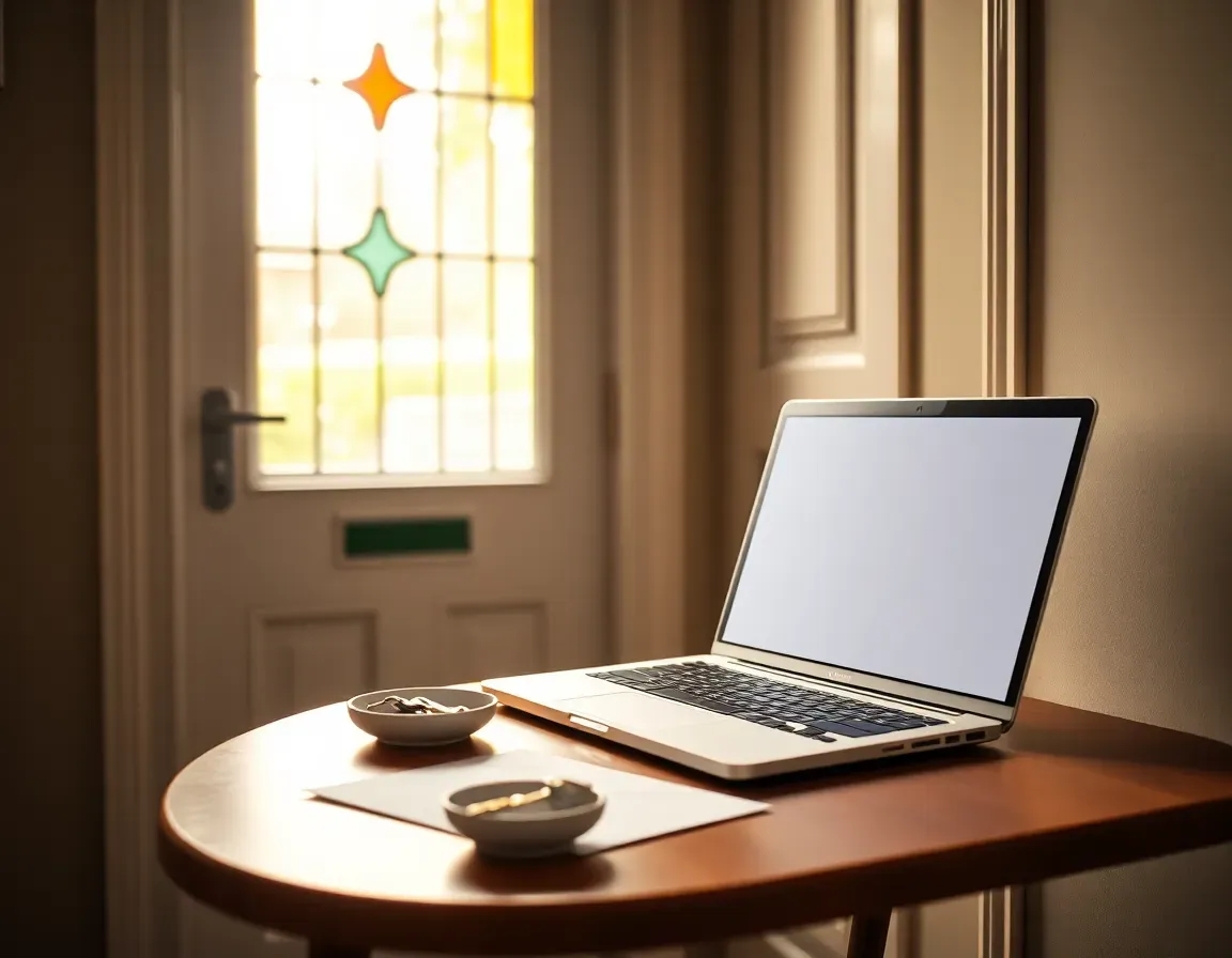 A blank sealed envelope, an open laptop and a dish of keys on a small round hallway table by a front door with coloured glass, ready for the final return that settles taxes after renouncing US citizenship