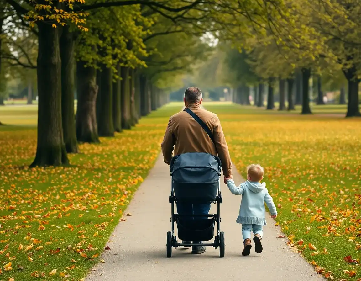 Father pushing a pram along an autumn path in an English park while a toddler walks beside him holding his hand, a family affected by UK child benefit US tax rules