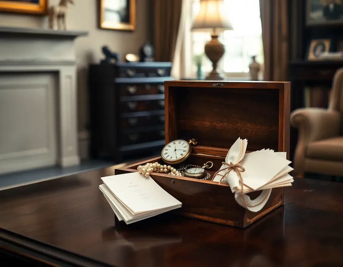An open wooden keepsake box on a polished table in a lamplit sitting room holding a pocket watch, pearls and folded papers tied with string, family possessions that UK inheritance tax for Americans can reach