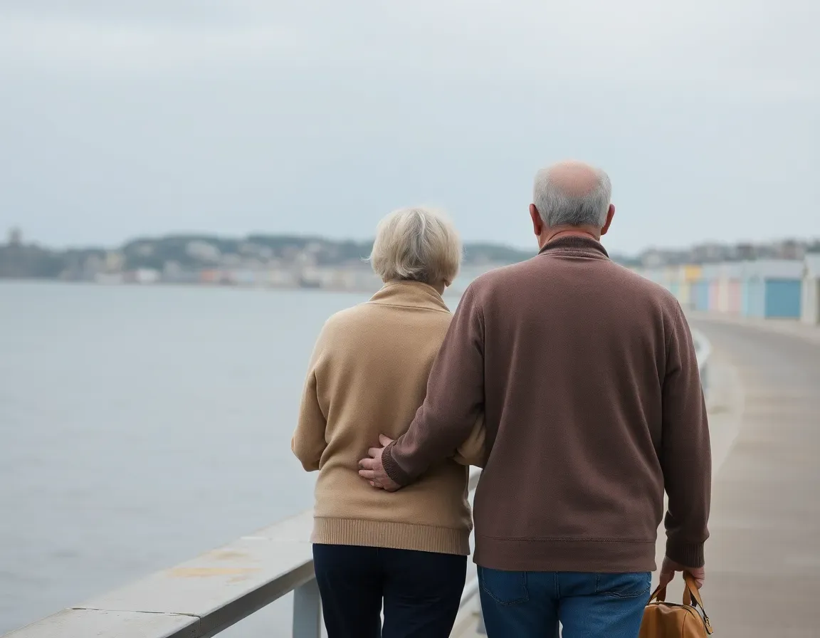 Retired couple walking arm in arm along an English seafront promenade with beach huts and grey sea, savers deciding how to report a UK pension on the FBAR