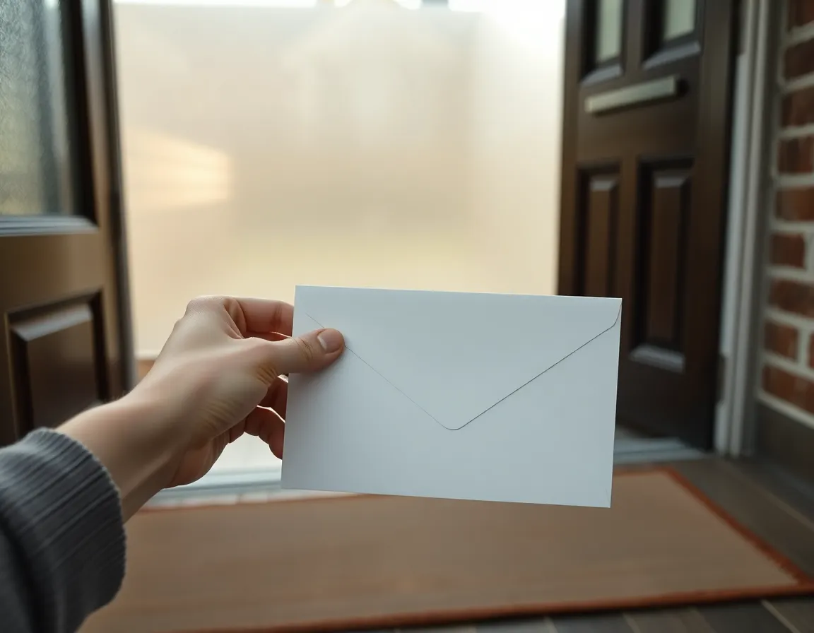Hand holding a plain white envelope just picked up from the doormat inside a British front door, like the HMRC letter that can require a UK tax return for US citizens