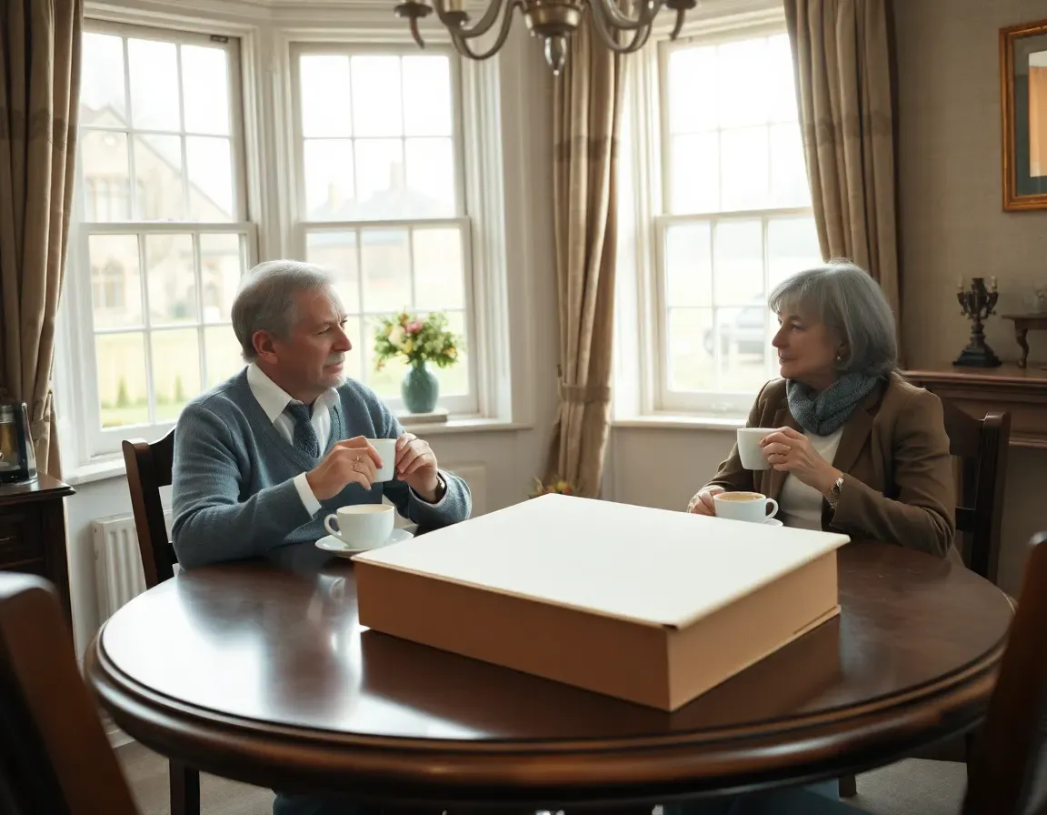 Older couple sharing tea at a round dining table by bay windows with a plain cardboard box file between them, sorting out back taxes for Americans in the UK