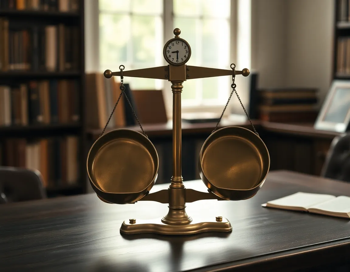 An antique brass balance scale with two empty pans on a dark wooden desk in a book-lined study, a picture of the weighing up the US exit tax requires before anyone renounces