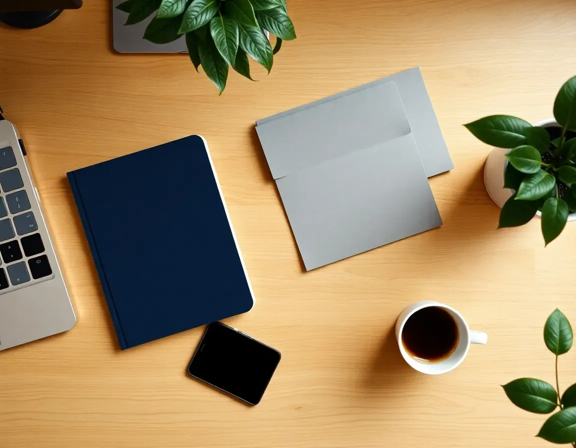 Navy booklet, grey card folders, a phone face down and a cup of coffee on a bright oak desk among houseplants, the records gathered for US expat tax services UK filers rely on