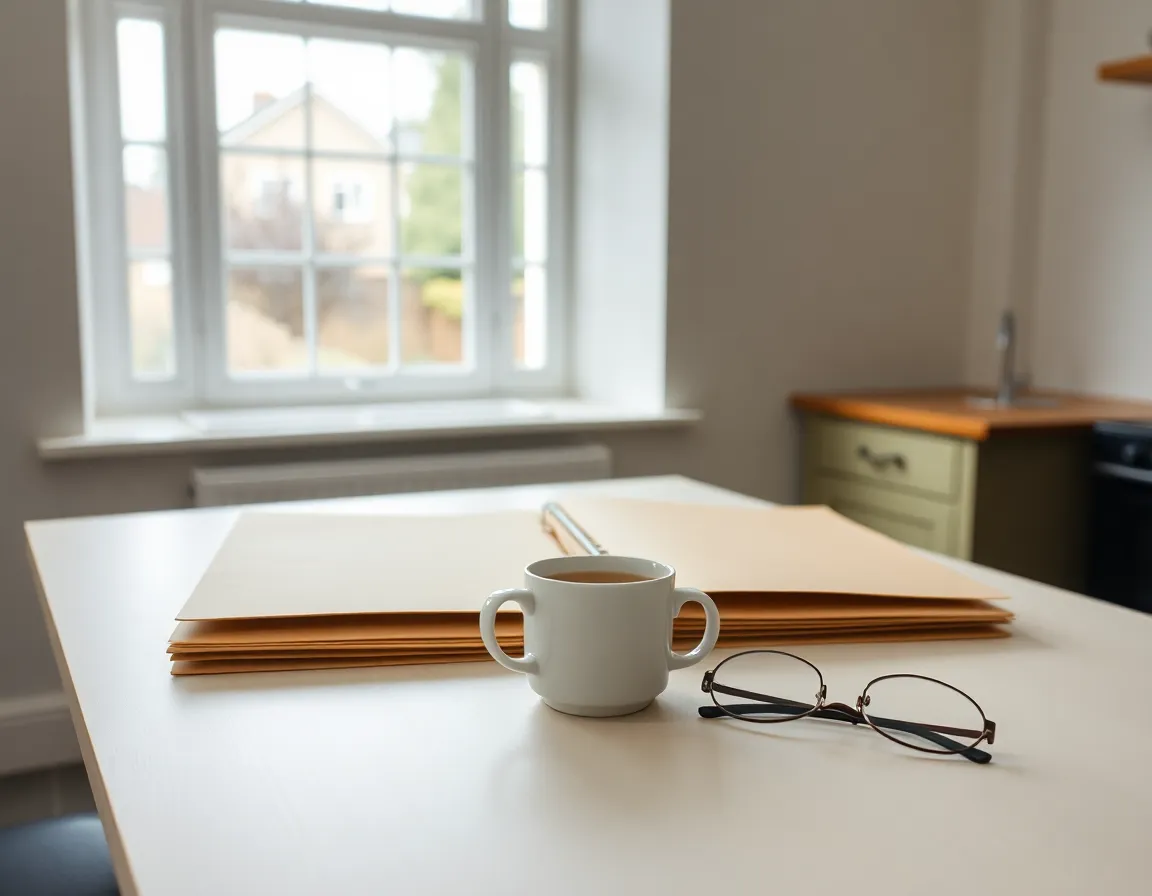 Two closed manila folders, a mug of tea and reading glasses on a kitchen table beside a sash window, the two sets of records that US expat taxes UK residents keep for both returns