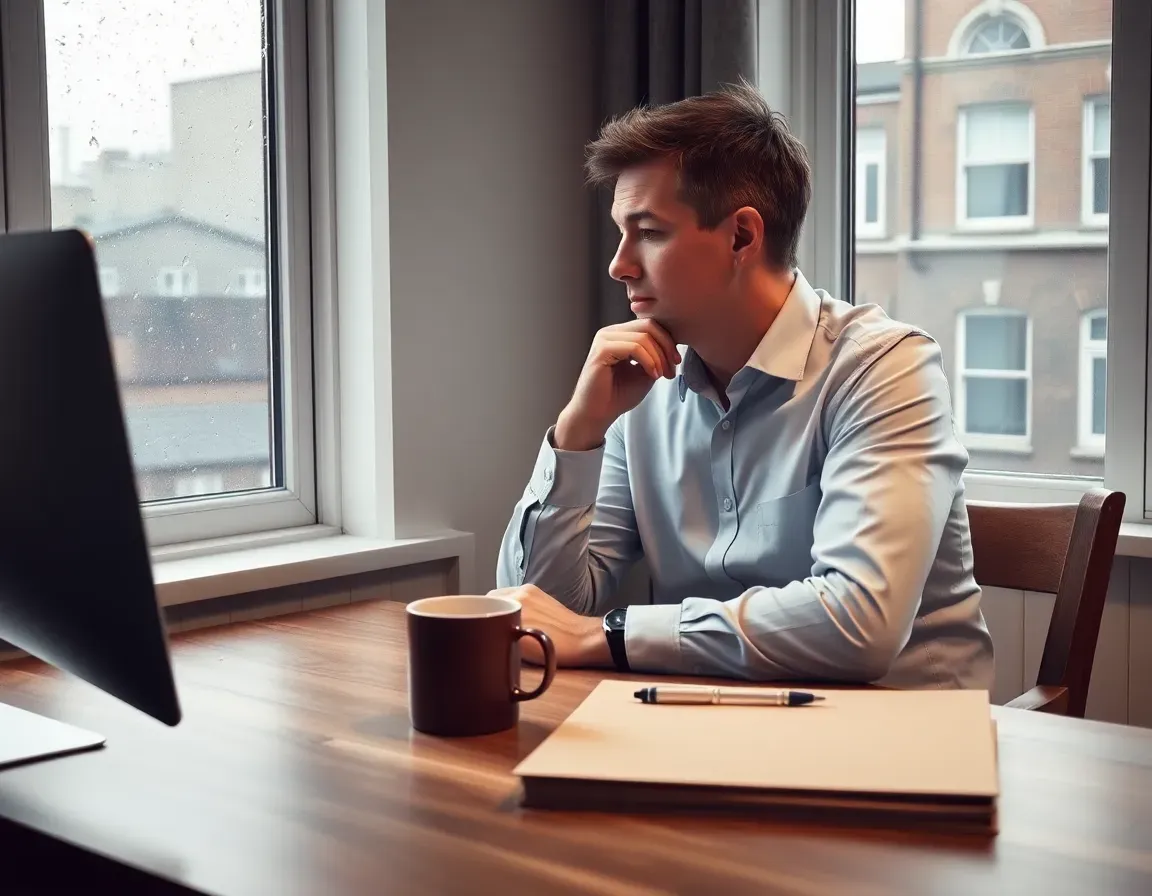 Man in a light blue shirt sitting at a wooden desk by a rainy London window with tea and a closed folder, weighing US passport revoked tax debt rules