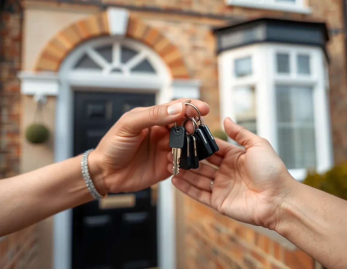 House keys being handed over outside a British home as a US person selling UK property completes the sale