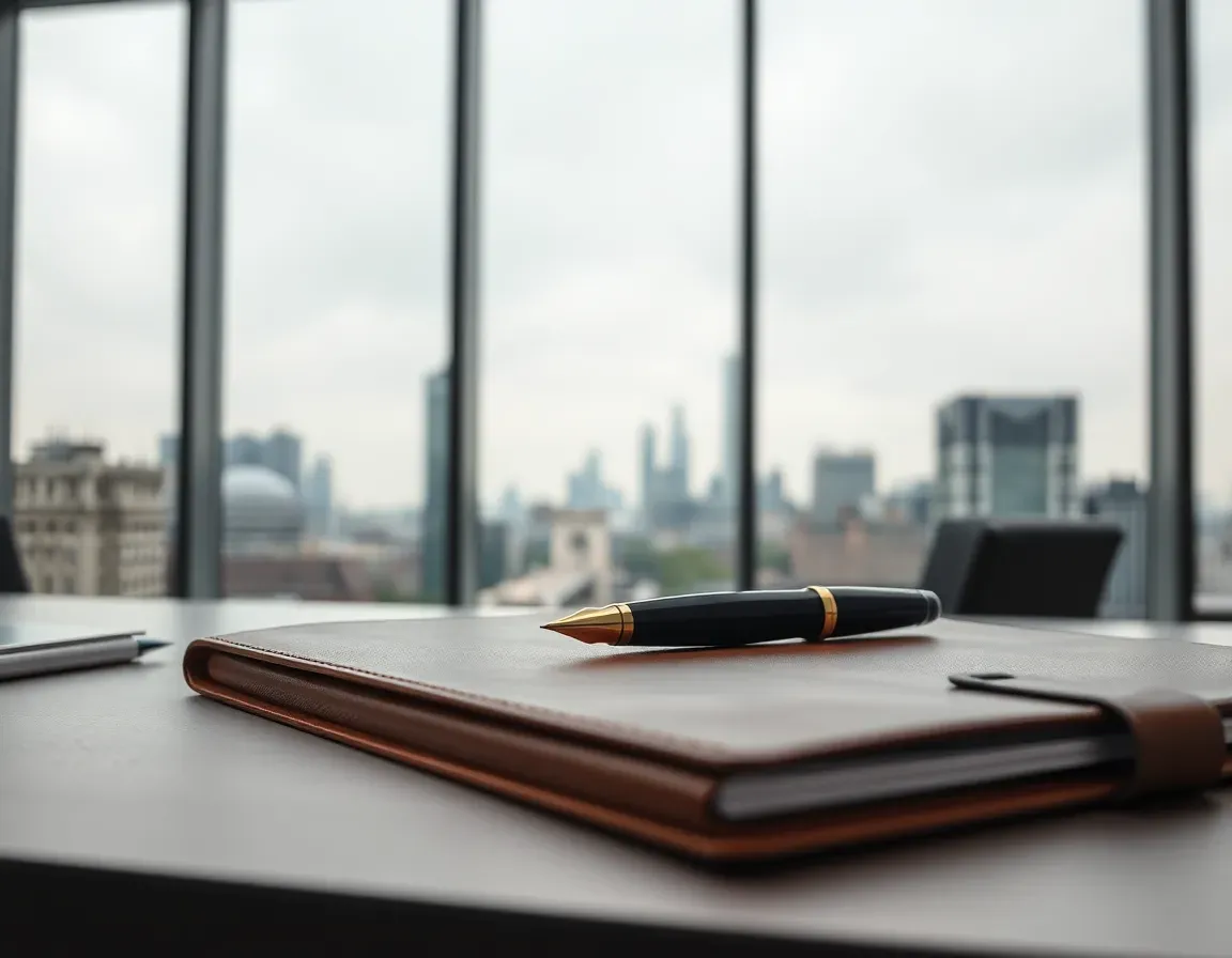 A fountain pen resting on a closed leather folder in front of a window onto the City of London skyline, ready for a meeting with a US tax accountant London clients use
