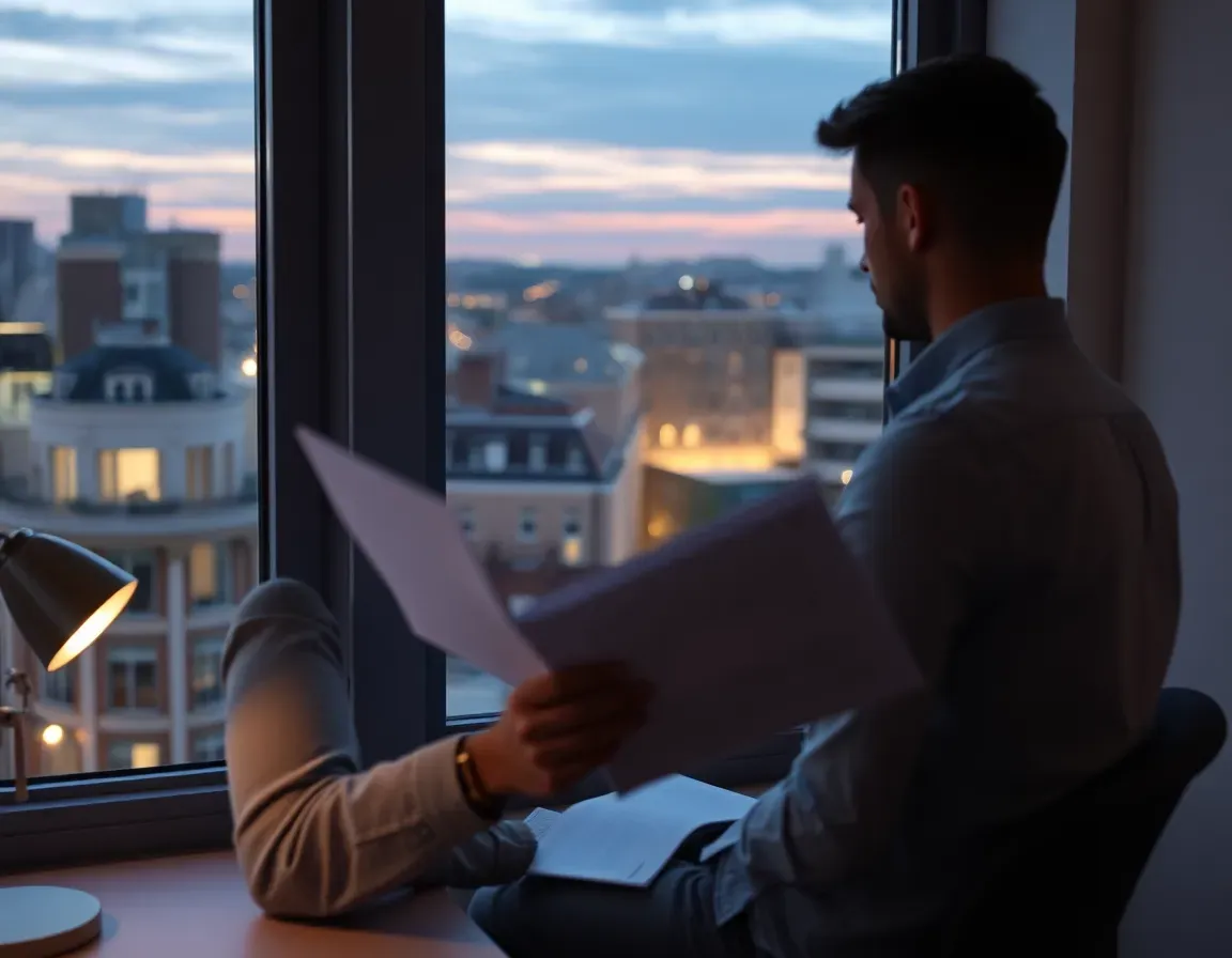 Man in a blue shirt reading paperwork at a desk lamp by a tall window over London rooftops at dusk, reviewing a bonus with a US tax advisor for Americans in London in mind