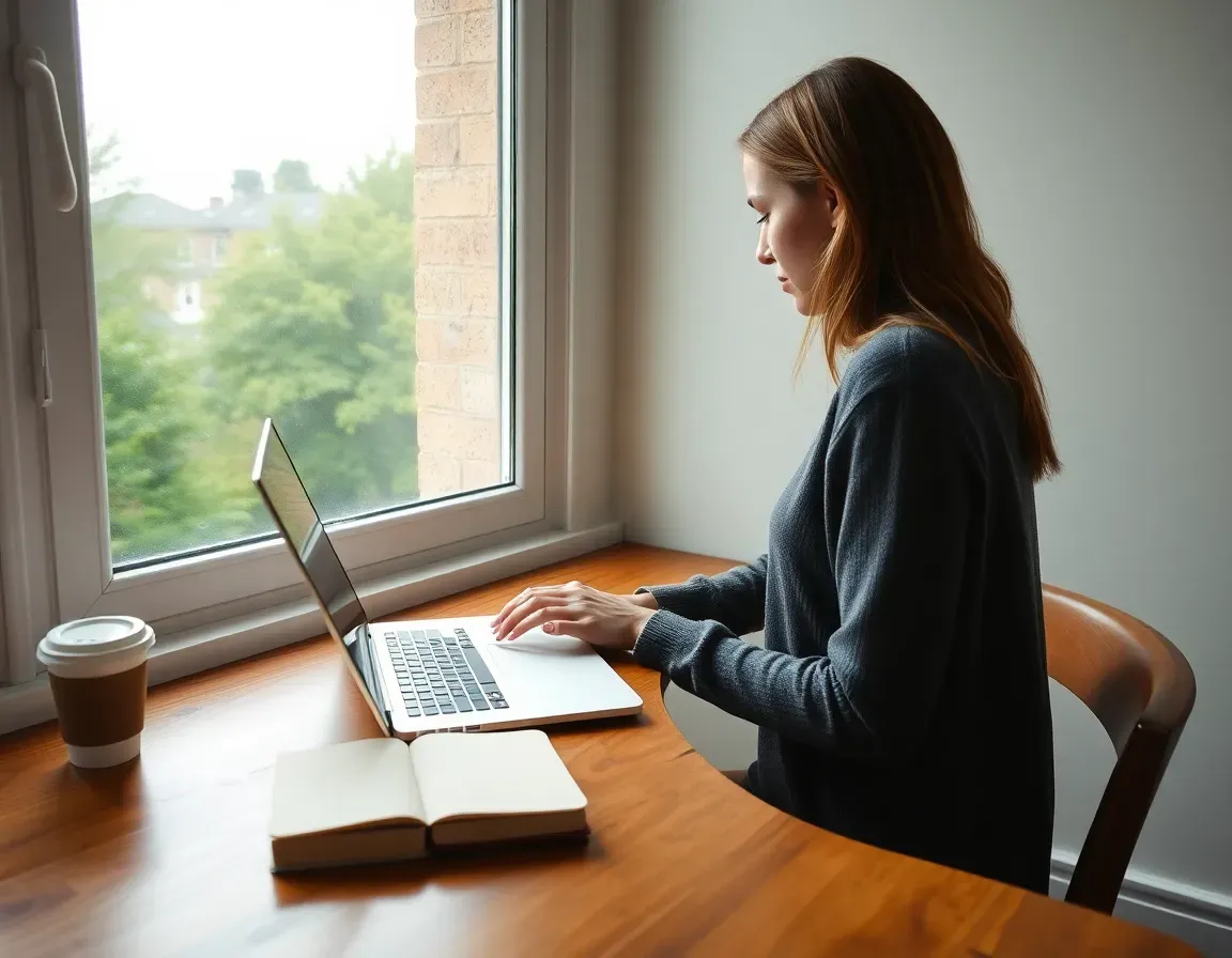 A young woman typing on a laptop at a wooden table by a large window with green trees outside, a takeaway coffee and a small notebook beside her, filing a US return before the June extended date for Americans abroad