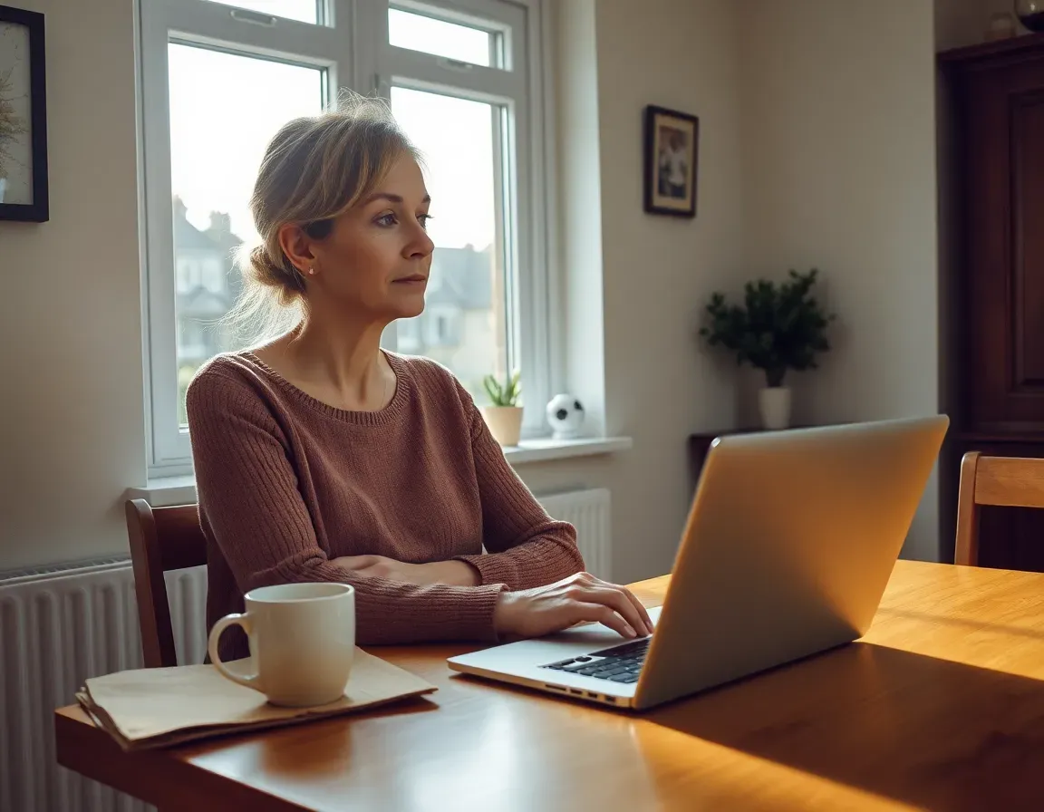 Woman in a pink jumper at a wooden kitchen table with a laptop and a mug of tea by a bright window, checking whether her US UK accountants have matched both returns