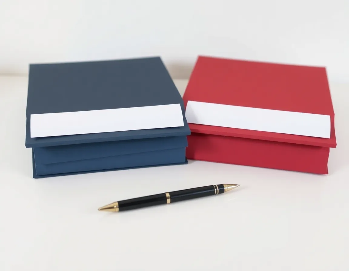 A navy blue folder stack and a red folder stack side by side on a white desk with a black pen in front, the two separate filings a US UK cross border tax accountant prepares from one file