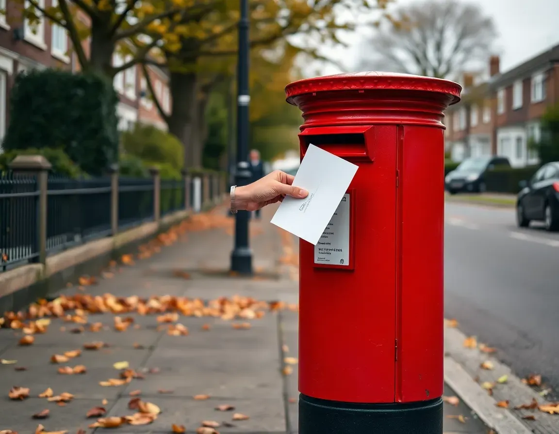 A hand posting a plain envelope into a red British post box on a leafy autumn street, part of keeping up with US UK cross border tax compliance deadlines through the year