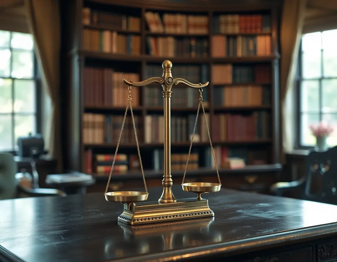 An antique brass balance scale standing level on a dark wooden desk in a book-lined study, a picture of US and UK tax credits weighed against each other