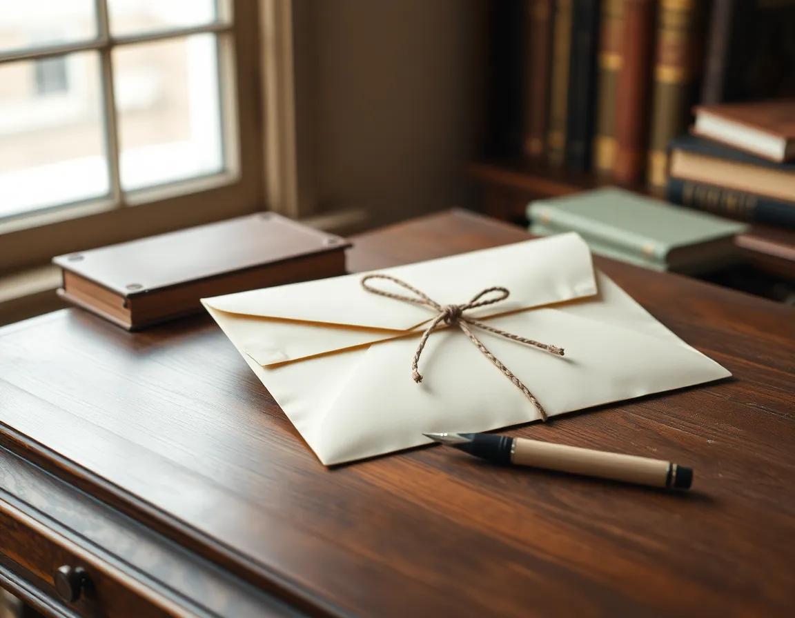 A thick cream envelope tied with brown string beside a fountain pen on an antique walnut writing desk by a window, the kind of family papers the US UK estate tax treaty governs