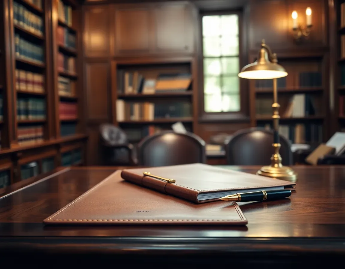 A closed brown leather folder and fountain pen on a mahogany desk in a wood-panelled library with a brass lamp, where trust and gift papers for US UK high net worth tax services are reviewed