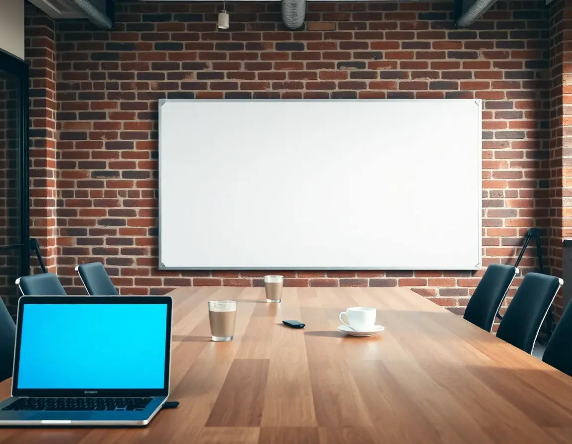 An empty brick-walled meeting room with laptops, coffee cups and a blank whiteboard, the kind of room where a UK company's board meets and a founder's US forms begin