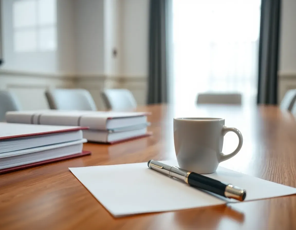Closed ring binders, a pen and a coffee cup on a boardroom table, the fund papers a US UK tax accountant for fund managers reviews first