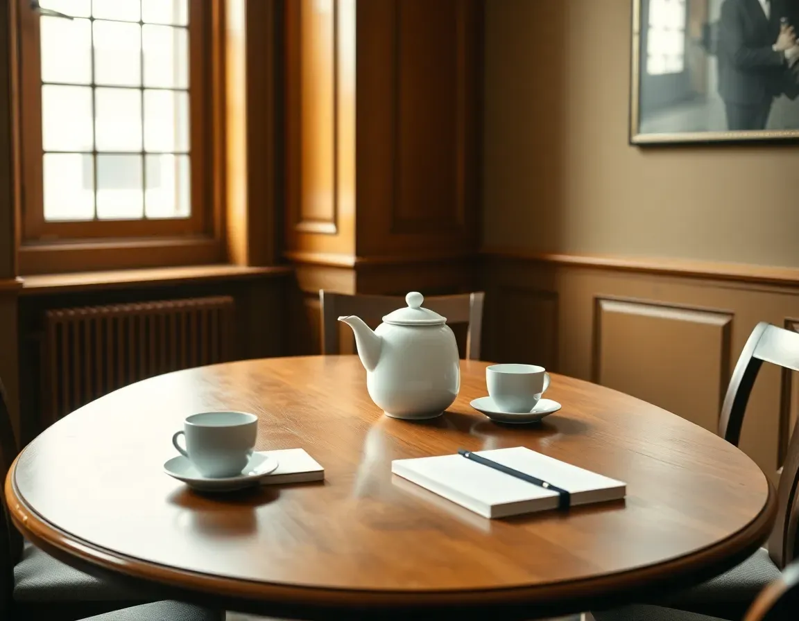 A round wooden table with a white teapot, two cups and two closed notebooks in a panelled Georgian room, set for a first meeting with US UK tax experts