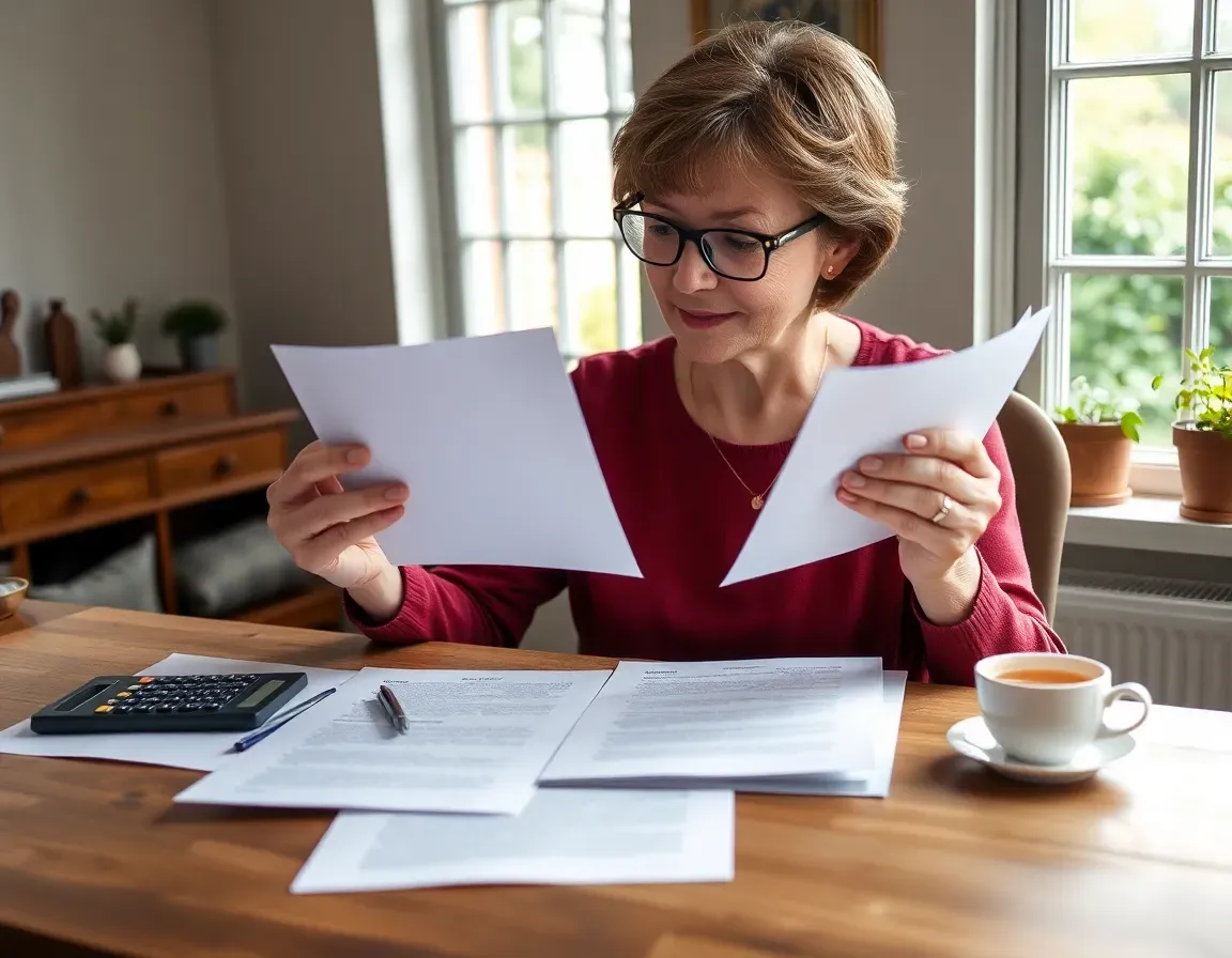 A woman in glasses at a wooden desk holding two sheets of paper side by side, with a calculator, papers and a cup of tea, comparing how the US UK tax treaty treats income in each country