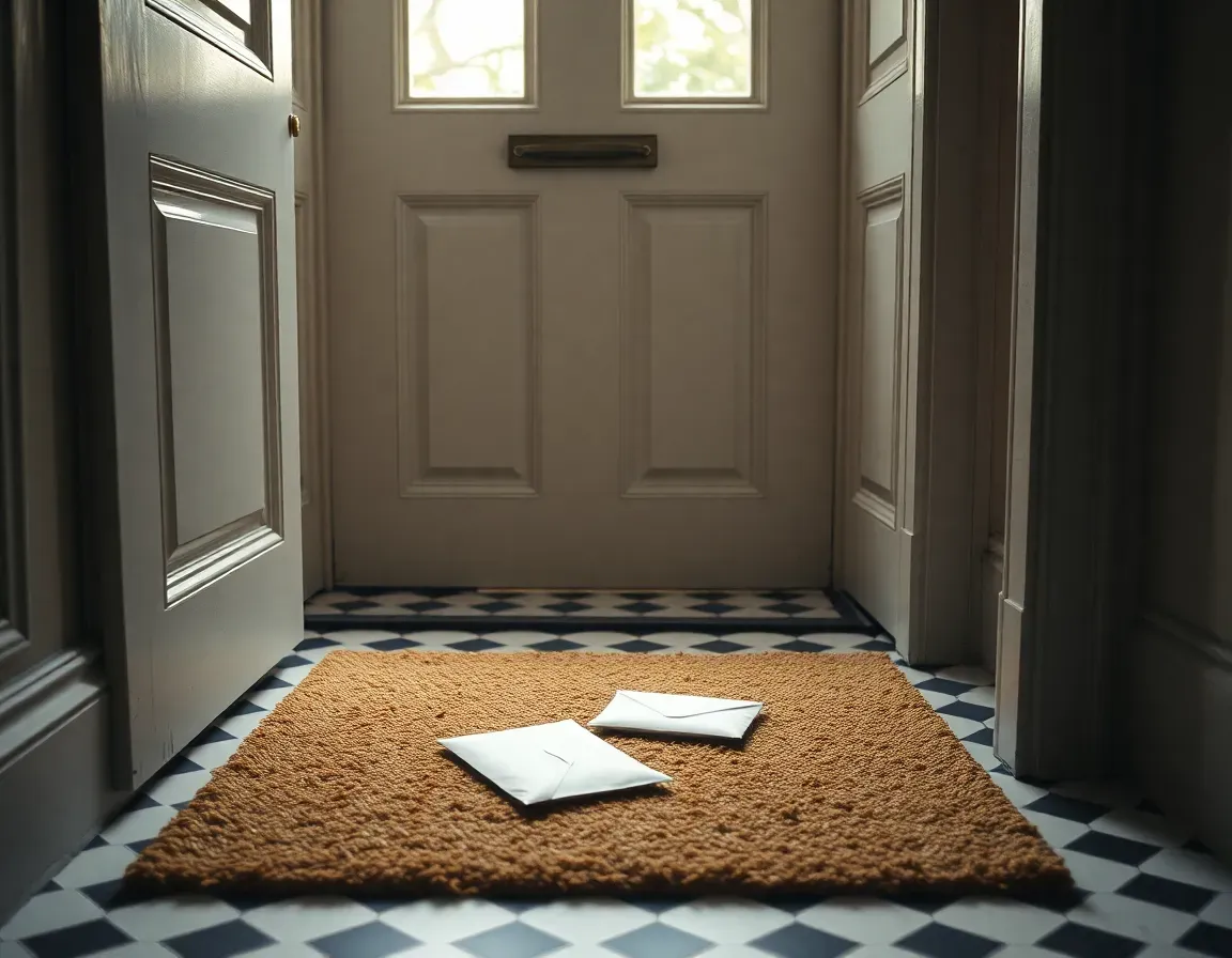 Two plain white envelopes lying on a coir doormat in a Victorian London hallway with a chequered tiled floor, the kind of bank post that prompts the question what is FATCA