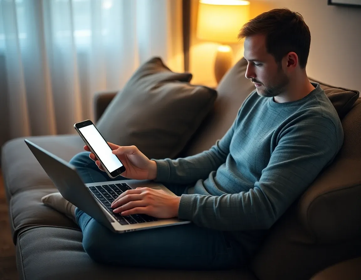 A man checking his UK bank accounts on a phone and laptop, the starting point of the FBAR for Americans in the UK